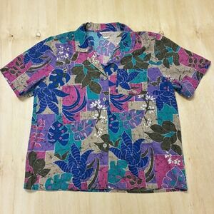 Vintage Season Ticket Shirt Womens Large Hawaiian Tropical Floral Button Up USA